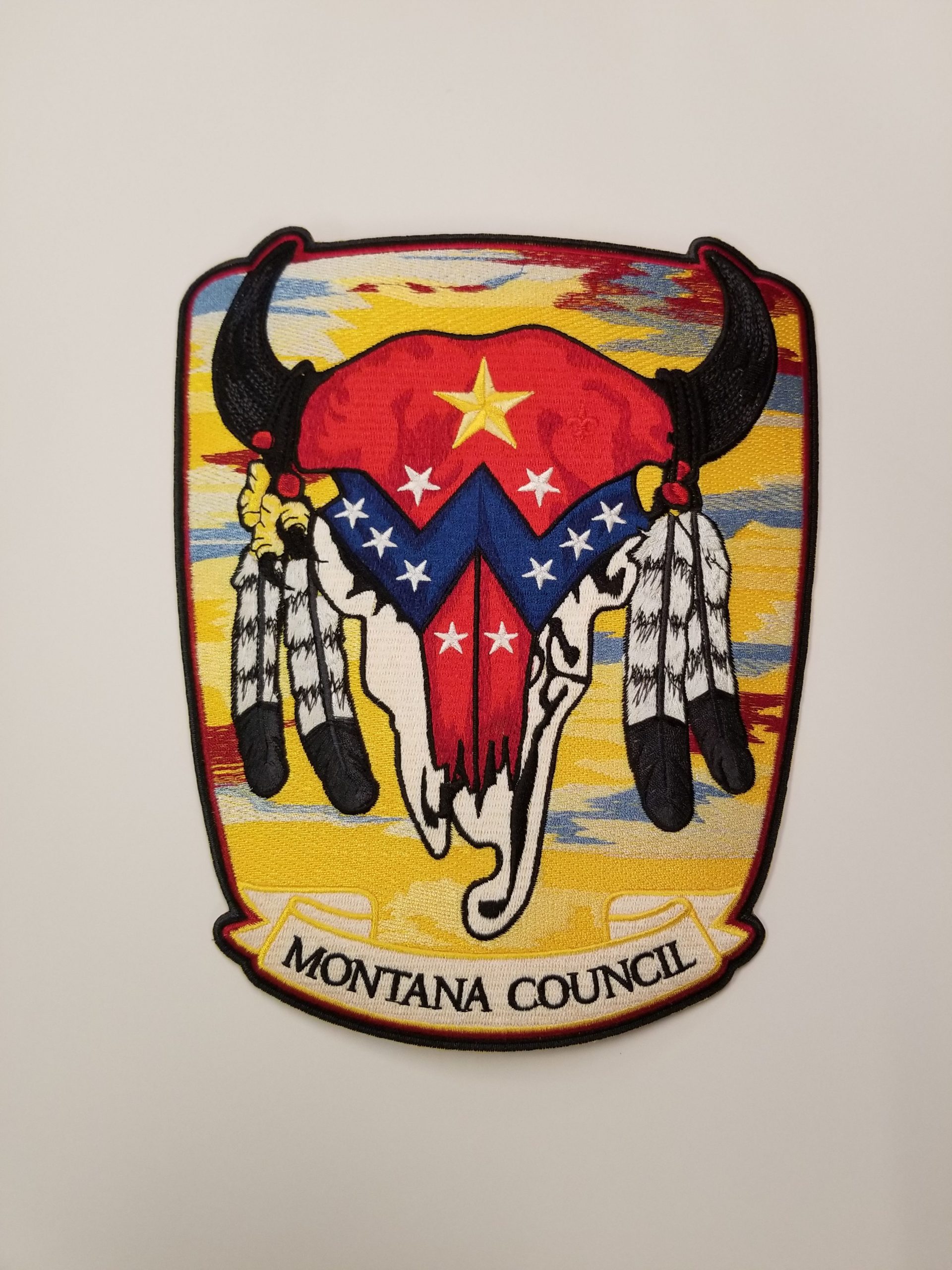 MT Council Buffalo Skull Jacket Patch (8x9.5) w/background - Boy Scouts - Montana Council